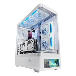 Mars Gaming MCLCDPROW - Caja Gaming ATX Semitorre Blanca con Pantalla LCD 7.2" IPS, Cristal Templado Curvo, Compatible con Refrigeración Líquida y Fuente ATX