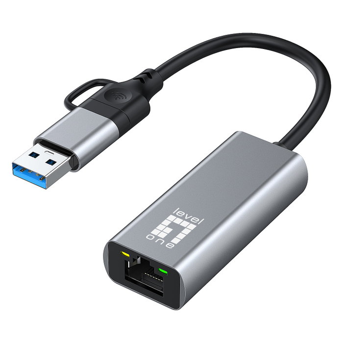 Level One USB-0423 Adaptador USB-C y USB-A a RJ45 Ethernet 2.5 Gigabit 2500 Mbps para Portátil Plug and Play Gris