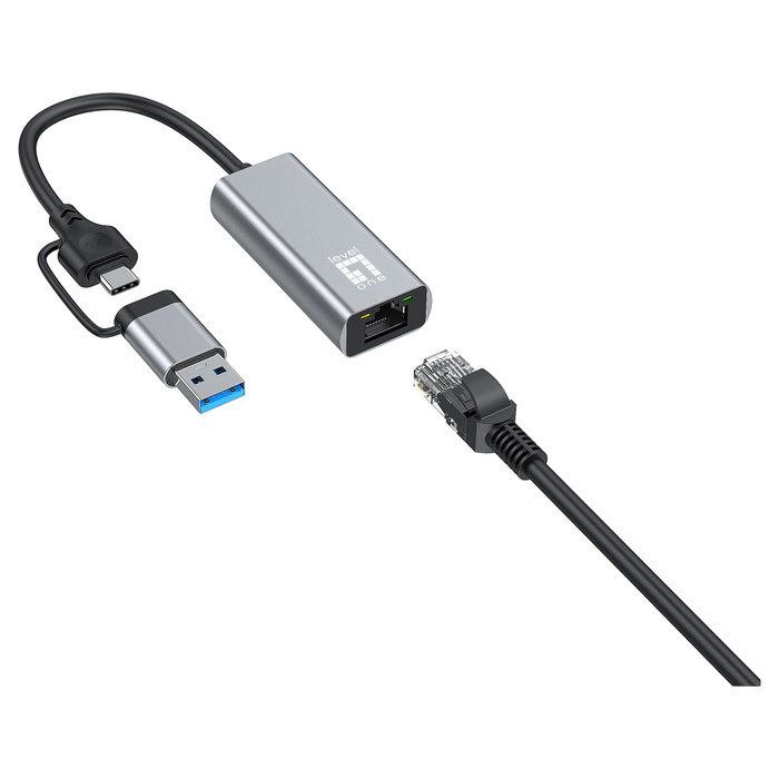 Level One USB-0423 Adaptador USB-C y USB-A a RJ45 Ethernet 2.5 Gigabit 2500 Mbps para Portátil Plug and Play Gris