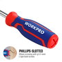 Workpro Destornillador 6 en 1 Cromado Mango Bimaterial Punta Doble 78 mm PH2 y 65 mm PH1 Rojo Azul