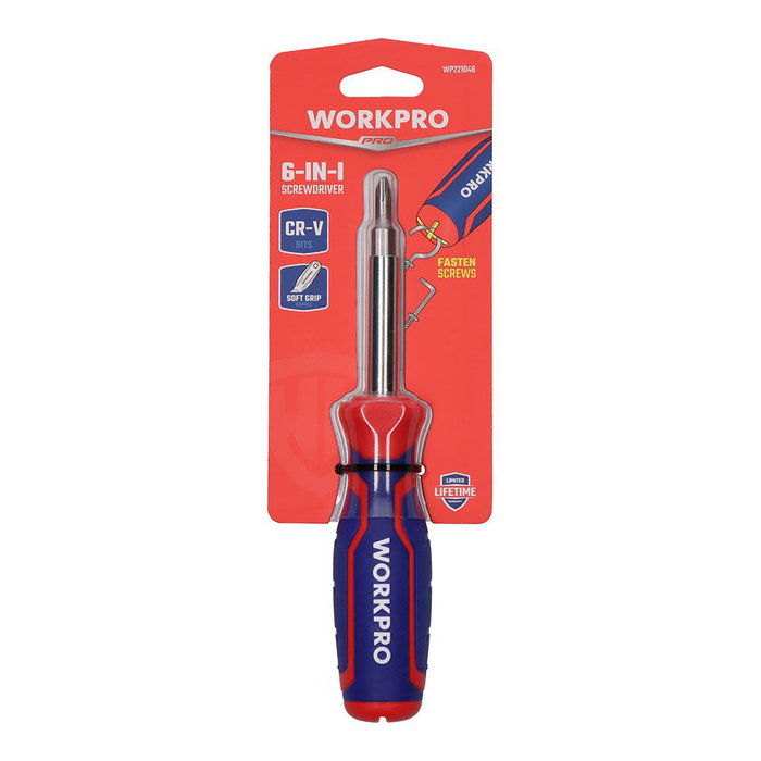 Workpro Destornillador 6 en 1 Cromado Mango Bimaterial Punta Doble 78 mm PH2 y 65 mm PH1 Rojo Azul