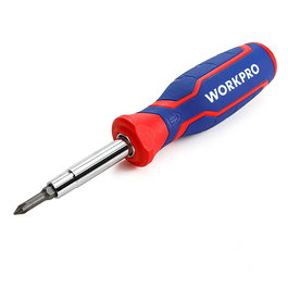 Workpro Destornillador 6 en 1 Cromado Mango Bimaterial Punta Doble 78 mm PH2 y 65 mm PH1 Rojo Azul