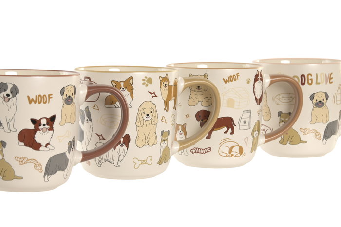 DKD Home Decor Tazas de Porcelana Perros Surtido de 4 Diseños, 380ml