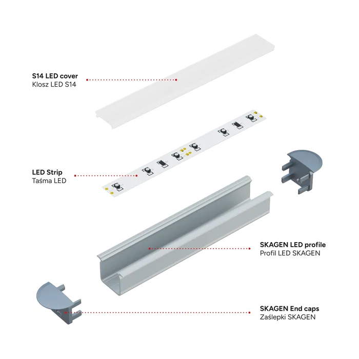 KIMERA Perfíl Aluminio SKAGEN Anodizado Plata con Difusor Opal, Tapones y Clips Sujección 2,02 Metros