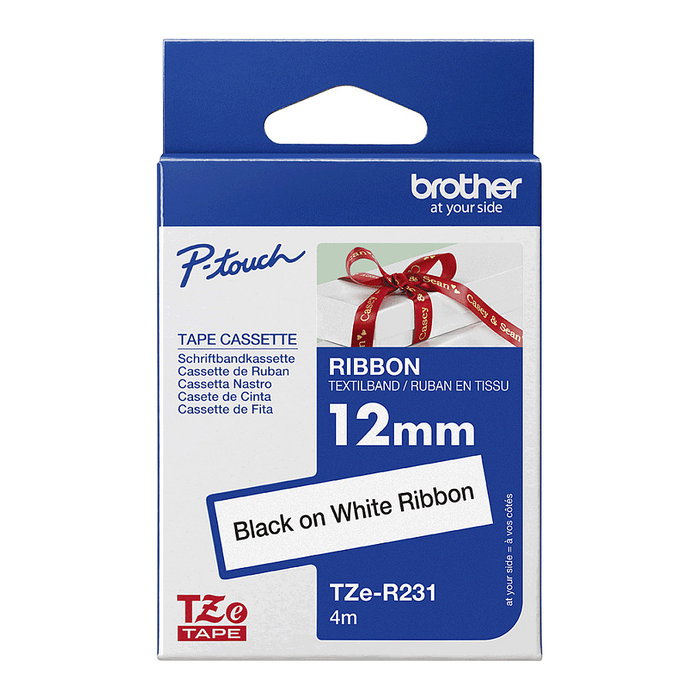 Brother TZe-R231 Cinta de tela satinada no adhesiva 12mm x 4m Negro sobre blanco