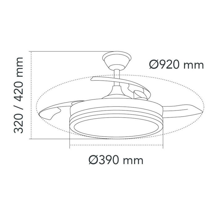 Cristalrecord Milky S Eco Ventilador de Techo con Luz LED 3CCT y Aspas Retráctiles, Blanco, Motor DC, 39W, 3822LM, Ø92 cm, Incluye Mando