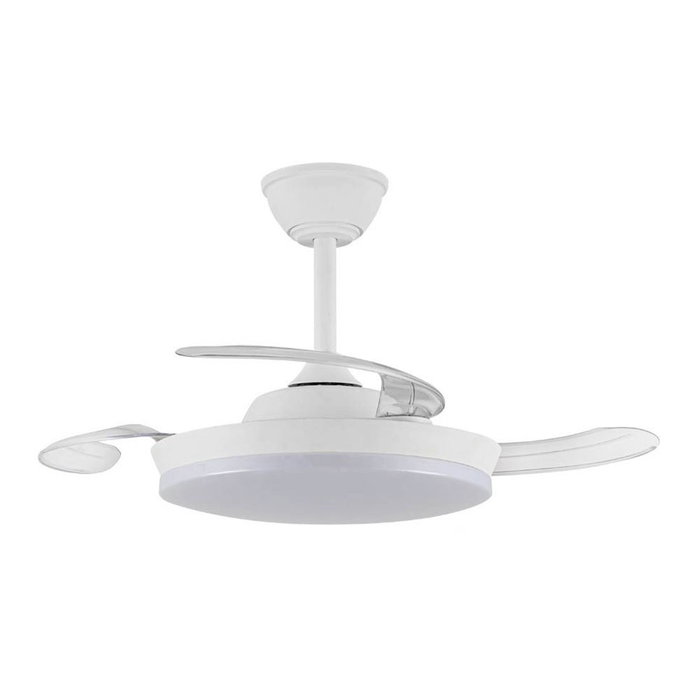 Cristalrecord Milky S Eco Ventilador de Techo con Luz LED 3CCT y Aspas Retráctiles, Blanco, Motor DC, 39W, 3822LM, Ø92 cm, Incluye Mando