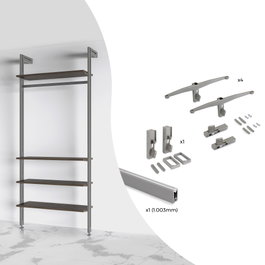 Emuca Kit de soportes para 4 estantes de madera y 1 barra de colgar de longitud 1m Zero, Aluminio y Zamak y Plástico, Pintado color gris piedra