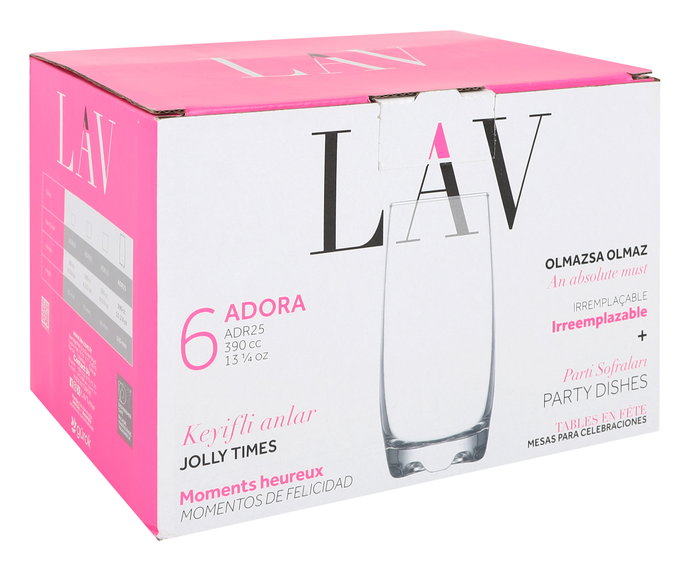 LAV Set de 6 Vasos para Refresco Adora, 390 ml, Dimensiones 22.4 x 15.4 x 15.2 cm (8 Cajas)