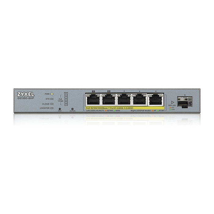 Zyxel GS1350-6HP-EU0101F Switch Gigabit Gestionado L2 con 5 Puertos PoE+ 60W, 1 SFP, Montaje Pared Zyxel GS1350-6HP-EU0101F Switch Gigabit Gestionado L2 con 5 Puertos PoE+ 60W, 1 SFP, Montaje Pared
