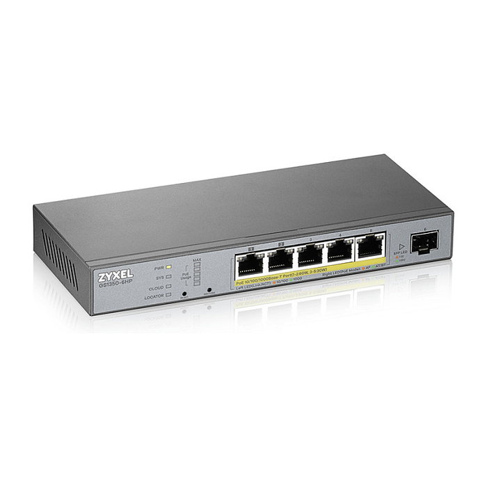 Zyxel GS1350-6HP-EU0101F Switch Gigabit Gestionado L2 con 5 Puertos PoE+ 60W, 1 SFP, Montaje Pared Zyxel GS1350-6HP-EU0101F Switch Gigabit Gestionado L2 con 5 Puertos PoE+ 60W, 1 SFP, Montaje Pared