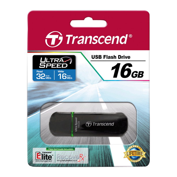 Transcend JetFlash 600 USB Stick 16 GB, USB 2.0, Tapa Negra, Lectura 32 MB/s, Compatible con Windows/Mac/Linux