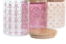 DKD Home Decor Bote Scandi Rosa Blanco Borosilicato Bambú 10 x 12.5 x 10 cm (12 Unidades) Cierre Hermético Apto Microondas Lavavajillas