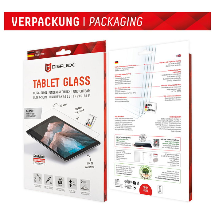 Displex Protector de Pantalla para iPad Air 13" (2024/2025) - Protector Cristal Templado 9H, 33 cm (13"), Transparente, Antihuellas, Fácil Aplicación, Ref. 01963