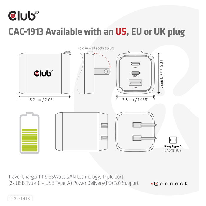 Club 3D GmbH Cargador GaN 65W PD 3.0 con 2 Puertos USB-C y 1 USB-A para Viaje, Teléfono Móvil y Portátil, Negro