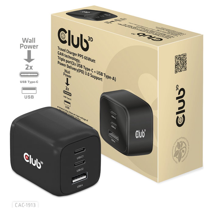 Club 3D GmbH Cargador GaN 65W PD 3.0 con 2 Puertos USB-C y 1 USB-A para Viaje, Teléfono Móvil y Portátil, Negro