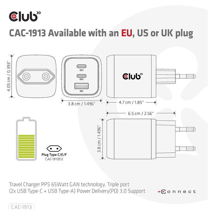 Club 3D GmbH Cargador GaN 65W PD 3.0 con 2 Puertos USB-C y 1 USB-A para Viaje, Teléfono Móvil y Portátil, Negro