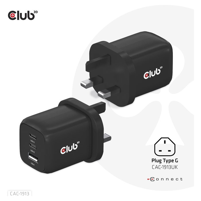 Club 3D GmbH Cargador GaN 65W PD 3.0 con 2 Puertos USB-C y 1 USB-A para Viaje, Teléfono Móvil y Portátil, Negro