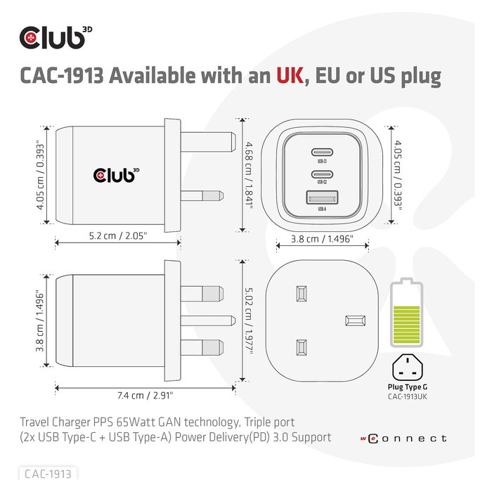 Club 3D GmbH Cargador GaN 65W PD 3.0 con 2 Puertos USB-C y 1 USB-A para Viaje, Teléfono Móvil y Portátil, Negro