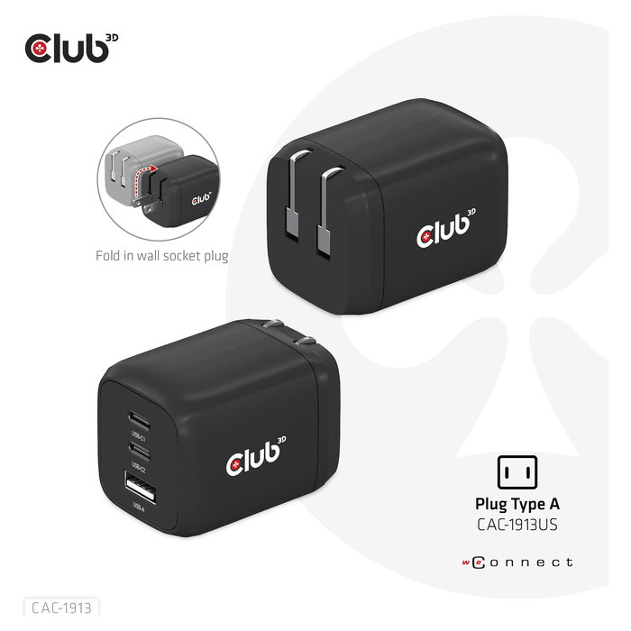 Club 3D GmbH Cargador GaN 65W PD 3.0 con 2 Puertos USB-C y 1 USB-A para Viaje, Teléfono Móvil y Portátil, Negro