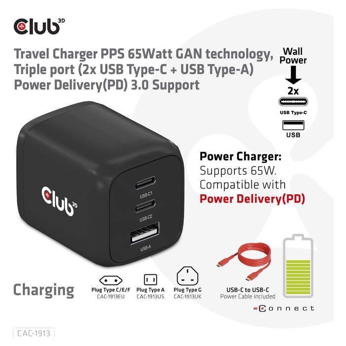 Club 3D GmbH Cargador GaN 65W PD 3.0 con 2 Puertos USB-C y 1 USB-A para Viaje, Teléfono Móvil y Portátil, Negro