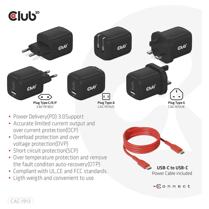 Club 3D GmbH Cargador GaN 65W PD 3.0 con 2 Puertos USB-C y 1 USB-A para Viaje, Teléfono Móvil y Portátil, Negro