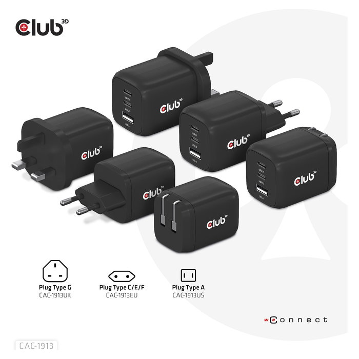 Club 3D GmbH Cargador GaN 65W PD 3.0 con 2 Puertos USB-C y 1 USB-A para Viaje, Teléfono Móvil y Portátil, Negro