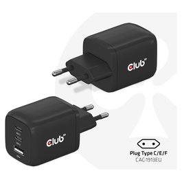 Club 3D GmbH Cargador GaN 65W PD 3.0 con 2 Puertos USB-C y 1 USB-A para Viaje, Teléfono Móvil y Portátil, Negro
