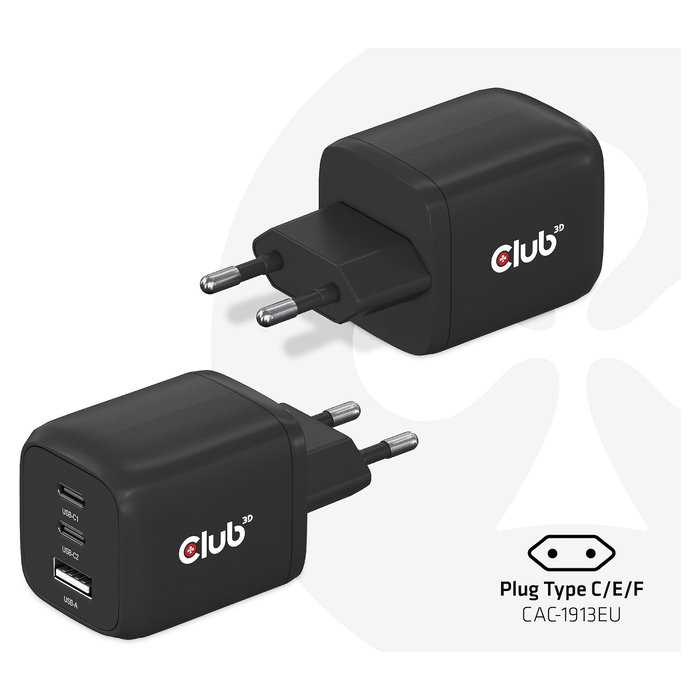 Club 3D GmbH Cargador GaN 65W PD 3.0 con 2 Puertos USB-C y 1 USB-A para Viaje, Teléfono Móvil y Portátil, Negro