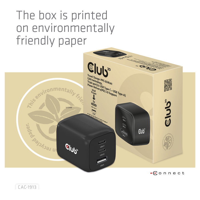 Club 3D GmbH Cargador GaN 65W PD 3.0 con 2 Puertos USB-C y 1 USB-A para Viaje, Teléfono Móvil y Portátil, Negro