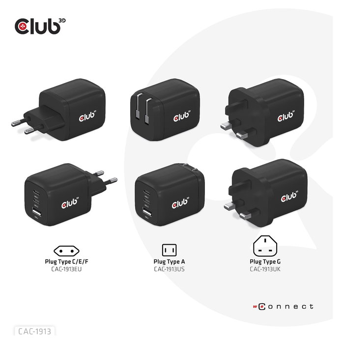 Club 3D GmbH Cargador GaN 65W PD 3.0 con 2 Puertos USB-C y 1 USB-A para Viaje, Teléfono Móvil y Portátil, Negro