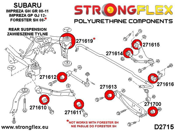 StrongFlex STF276165B Kit de Silentblocks de Poliuretano para Suspensión Trasera Compatible con Subaru Exiga, Forester, Impreza, Legacy, XV (YA, SH, GE GV GH GR, GP GJ, BM BR, GP)