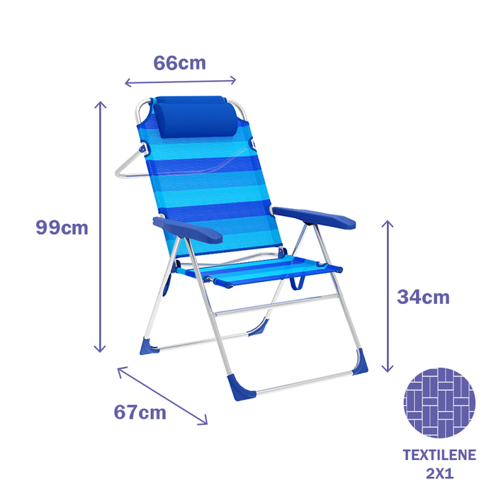 Marbueno Silla Plegable 5 Posiciones Aluminio con Cojin Rayas Azules Playa y Piscina 67X66X99 cm 10246