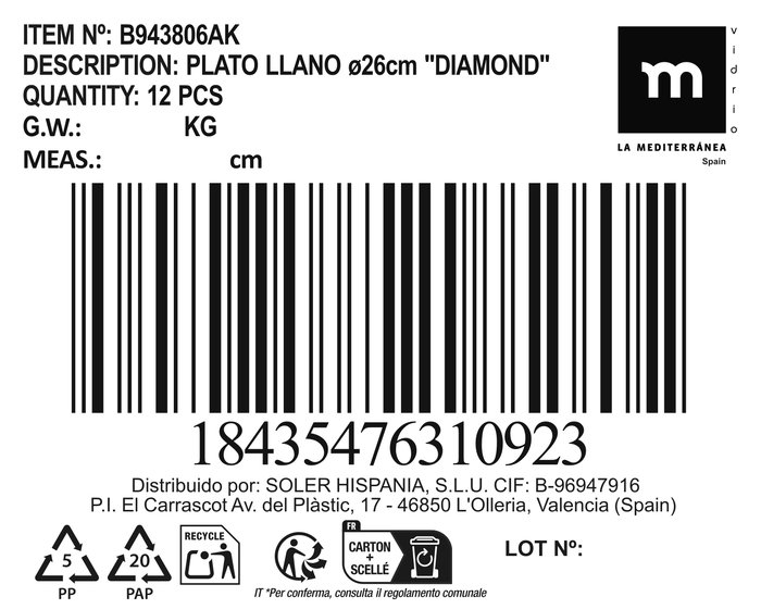 Inde Plato Llano "Diamond" Ø 26 cm (12 Unidades)