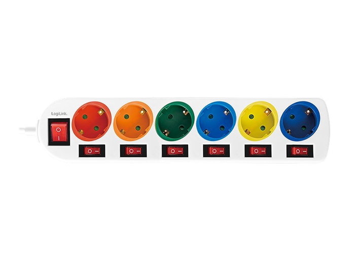 LogiLink Regleta de enchufes de 6 tomas, 6xCEE 7/3, con 7 interruptores, multicolor