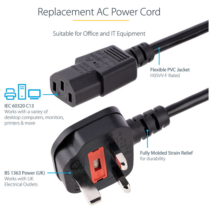 StarTech.com Cable de Alimentación BS 1363 a C13, 3m, Negro