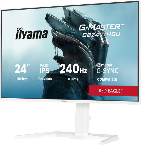 Iiyama GB2471HSU-W1 Monitor Gaming G-MASTER 24" / 60.5 cm Full HD 1920x1080, 240 Hz, 0.3 ms, G-Sync, HDR10, Altavoces, Ajustable VESA 100x100, Blanco
