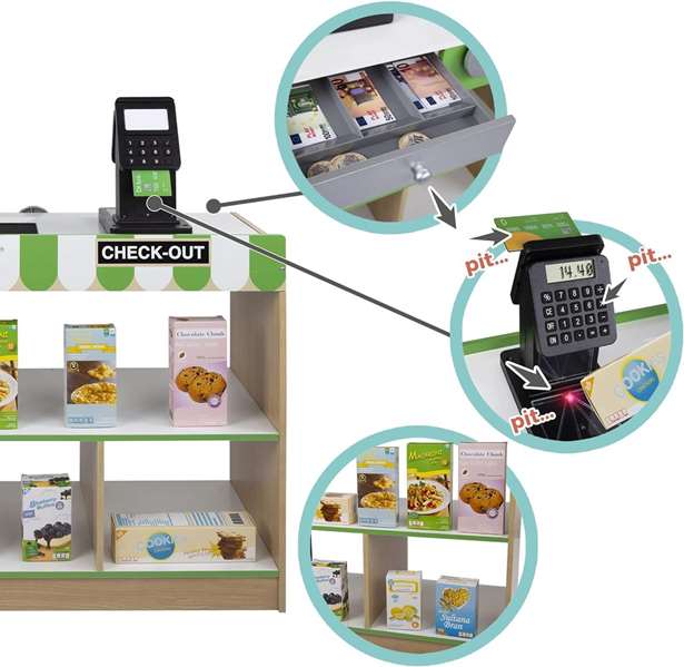 Color Baby Supermercado de madera con 25 accesorios y caja registradora eléctrica