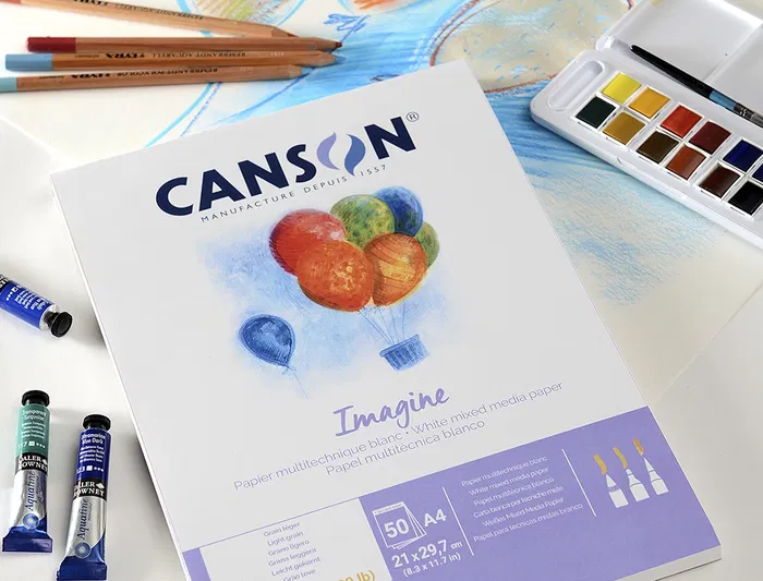 Canson Imagine DIN A4 Bloc Dibujo Multitécnicas 50 Hojas 200 gr/m² Liso Blanco Papel Táctil para Técnicas Secas y Húmedas