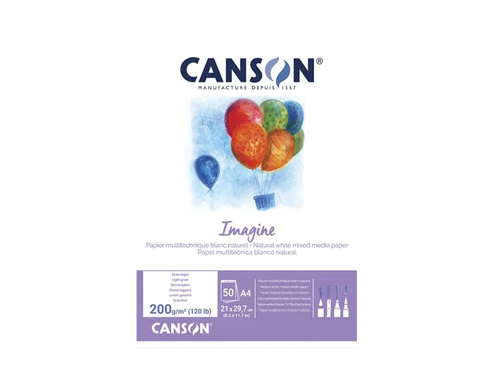 Canson Imagine DIN A4 Bloc Dibujo Multitécnicas 50 Hojas 200 gr/m² Liso Blanco Papel Táctil para Técnicas Secas y Húmedas