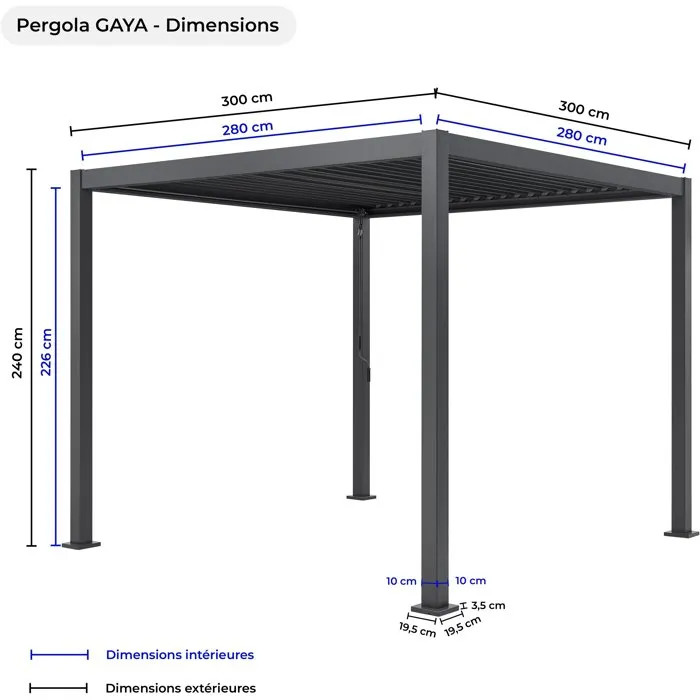 Pérgola bioclimática GAYA - Estructura de aluminio y acero - 290x290xH240 cm - Gris