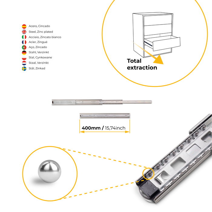 Emuca Lote de 5 juegos de guías para cajones, de bolas, altura 45mm, profundidad 400mm, extracción total, Cincado