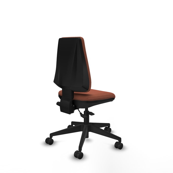 Silla de oficina Elche con mecanismo Asincro tapizada con Tela color Marrón. Equipada con Base piramidal negra, Sin brazos y Ruedas 65mm nailon