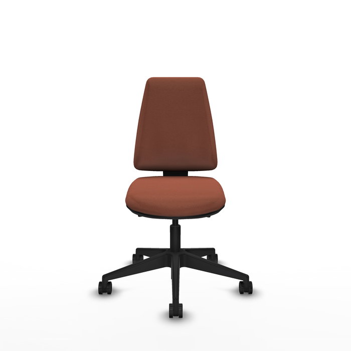 Silla de oficina Elche con mecanismo Asincro tapizada con Tela color Marrón. Equipada con Base piramidal negra, Sin brazos y Ruedas 65mm nailon