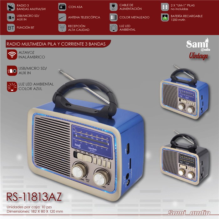 SAMI - Radio Vintage AC/DC con 3 Bandas (AM/FM/SW), Bluetooth, USB, Micrófono y Batería Recargable - Color Azul