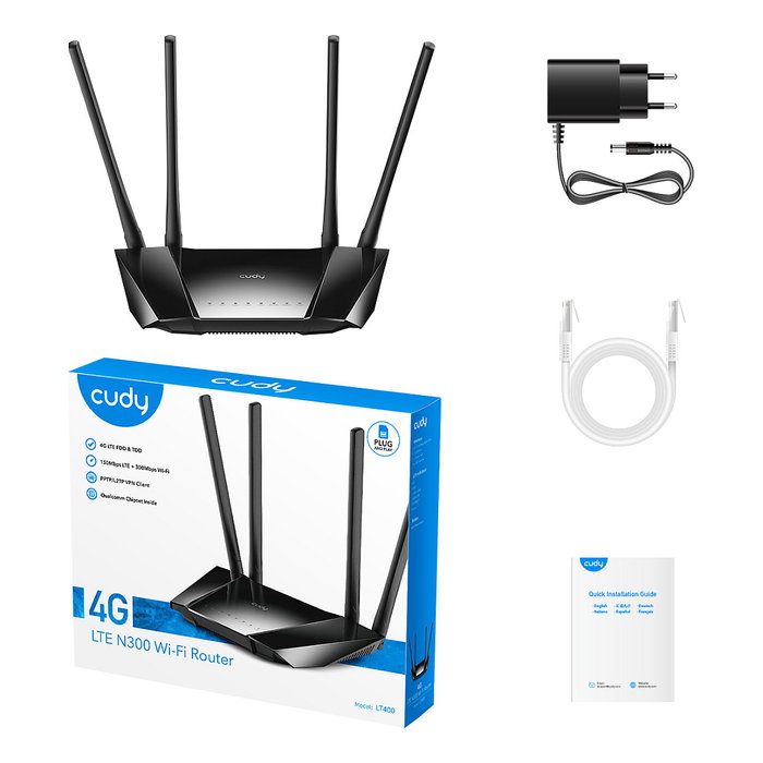 Cudy Router Wi-Fi 4G LTE LT400 N300, Cat4, 300 Mbps, Wi-Fi 4 (802.11n), Banda Única 2.4 GHz, Enrutador de Escritorio/Poste, Negro Cudy Router Wi-Fi 4G LTE LT400 N300, Cat4, 300 Mbps, Wi-Fi 4 (802.11n), Banda Única 2.4 GHz, Enrutador de Escritorio/Poste, Negro