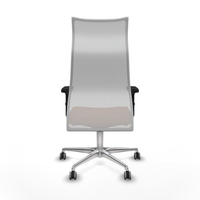 Sillón Albacete con mecanismo Sincro tapizada con Similpiel color Marrón y malla color Blanco. Equipado con Base aluminio, Brazos 2D y Ruedas 65 mm parqué