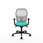 Silla de oficina Jorquera con mecanismo Sincro tapizada con Similpiel color Turquesa y malla color Blanco. Equipada con lumbar 1D, Brazos 1D y Ruedas 65mm nailon