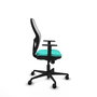 Silla de oficina Jorquera con mecanismo Sincro tapizada con Similpiel color Turquesa y malla color Blanco. Equipada con lumbar 1D, Brazos 1D y Ruedas 65mm nailon