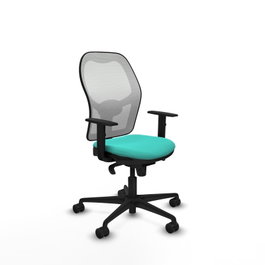 Silla de oficina Jorquera con mecanismo Sincro tapizada con Similpiel color Turquesa y malla color Blanco. Equipada con lumbar 1D, Brazos 1D y Ruedas 65mm nailon